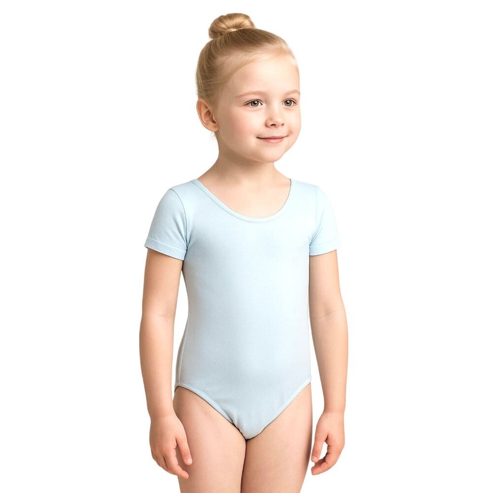 Danskin Childs I 6X-7 Leotard China Blue Short Sleeve Scoop Neck Dance